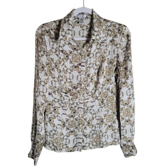 Cache Silk Button Down Shirt Women's Size Medium White Tan Old Money Equestrian - Picture 1 of 11